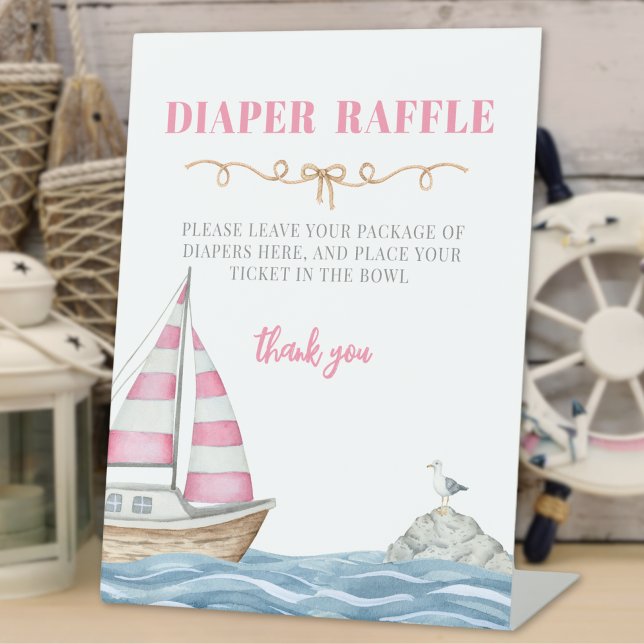 Pink Nautical Baby Dusche Windeln Raffel Sockelschild (Pink Nautical Baby Shower Diaper Raffle Pedestal Sign)