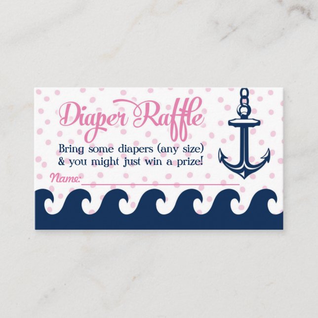 Pink Nautical Diaper Raffle Cards Girl Baby Dusche Begleitkarte (Vorderseite)