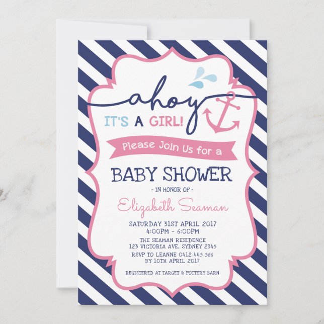 Pink Nautical Girl Baby Dusche Einladung Ahoy (Vorderseite)