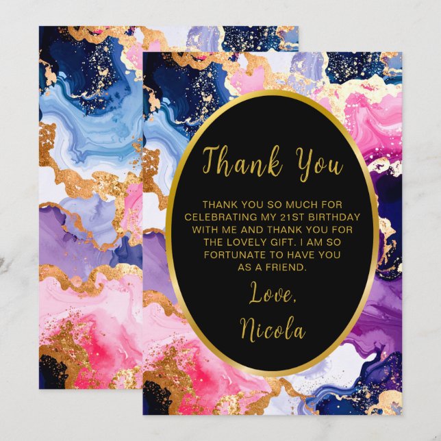 Pink, Navy Blue and Gold Ink Birthday Party Dankeskarte (Vorne/Hinten)