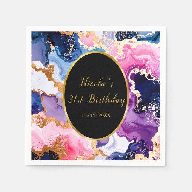 Pink, Navy Blue and Gold Ink Birthday Party Serviette (Vorderseite)