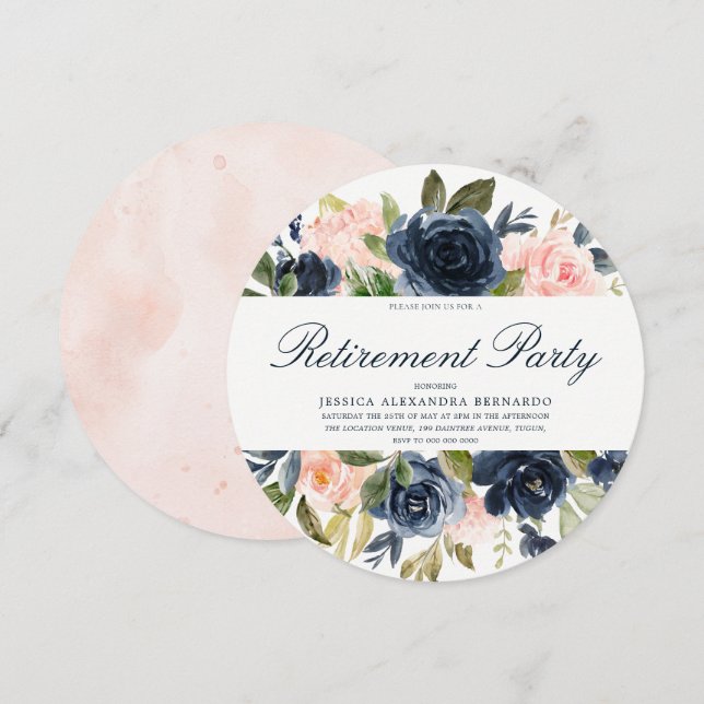 Pink Navy Blue Boy Blush Bloral Retirement Party Einladung (Vorne/Hinten)