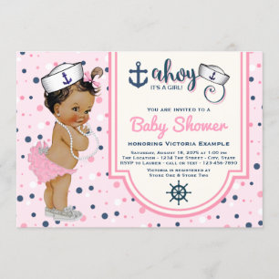 Pink Navy Blue Ethnic Girl Nautical Baby Dusche Einladung