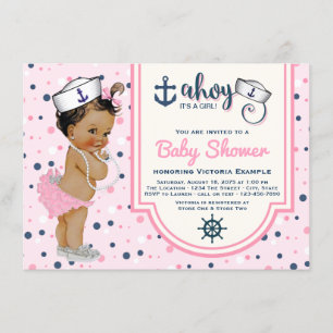 Pink Navy Blue Ethnic Girl Nautical Baby Dusche Einladung