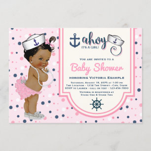 Pink Navy Blue Ethnic Girl Nautical Baby Dusche Einladung