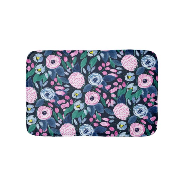 Pink Navy Blue Floral Bouquet Wasserfarben Muster Badematte (Vorderseite)