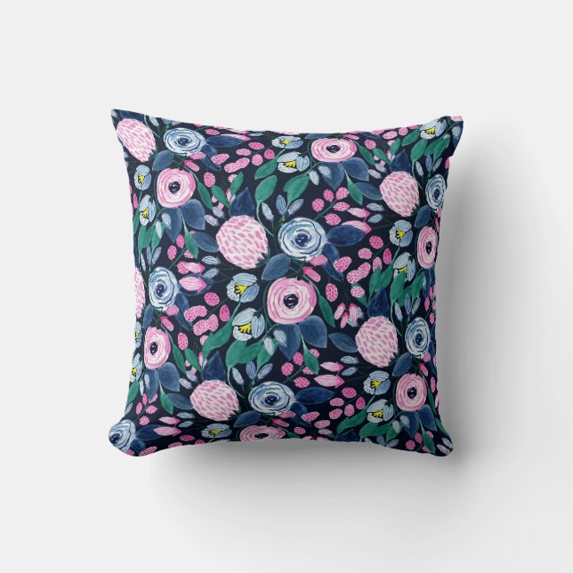 Pink Navy Blue Floral Bouquet Wasserfarben Muster Kissen (Vorderseite)