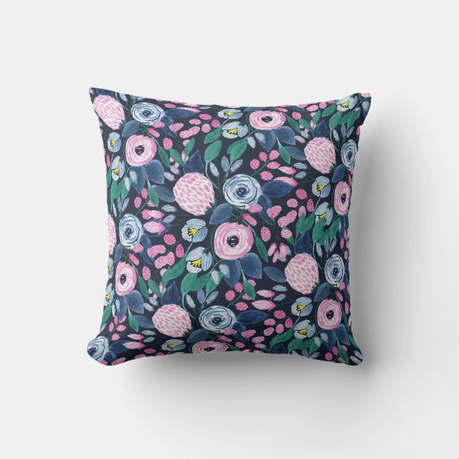 Pink Navy Blue Floral Bouquet Wasserfarben Muster Kissen (Vorderseite)