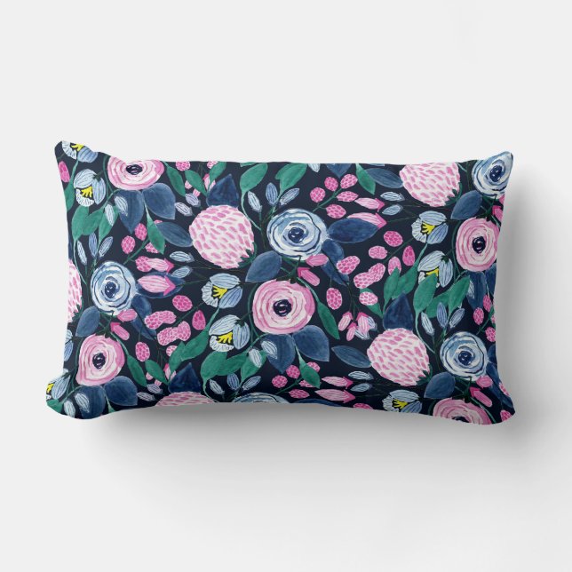 Pink Navy Blue Floral Bouquet Wasserfarben Muster Lendenkissen (Vorderseite)