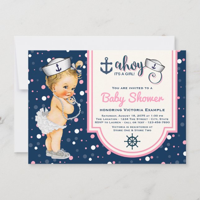 Pink Navy Blue Girl Nautical Baby Dusche Einladung (Vorderseite)