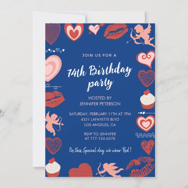 Pink Navy Blue Hearts 74e anniversaire invitations (Devant)