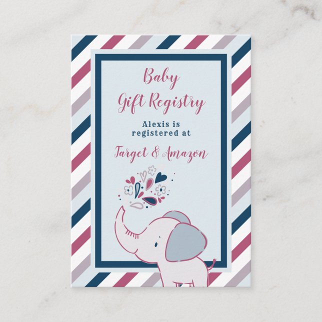 Pink & Navy Elephant Baby Shooting Registry Begleitkarte (Vorderseite)