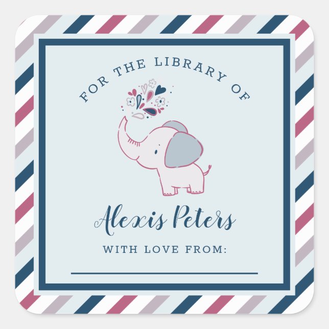 Pink & Navy Elephant Baby Shower Library Buchzeich Quadratischer Aufkleber (Vorderseite)