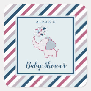 Pink & Navy Elephant & Stripes Baby Dusche Gefalle Quadratischer Aufkleber