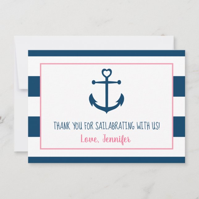 Pink Navy Girl Nautical Anchor Kinderdusche Dankeskarte (Vorderseite)