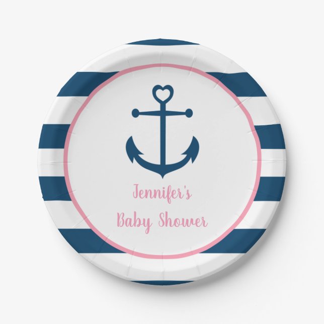 Pink Navy Girl Nautical Anchor Kinderdusche Pappteller (Vorderseite)