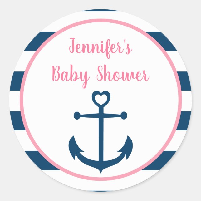 Pink Navy Girl Nautical Anchor Kinderdusche Runder Aufkleber (Vorderseite)