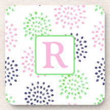 Pink Navy Green Blume Muster Wasserfarbenmonogramm