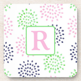 Pink Navy Green Blume Muster Wasserfarbenmonogramm Getränkeuntersetzer