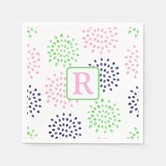 Pink Navy Green Blume Muster Wasserfarbenmonogramm Serviette (Vorderseite)