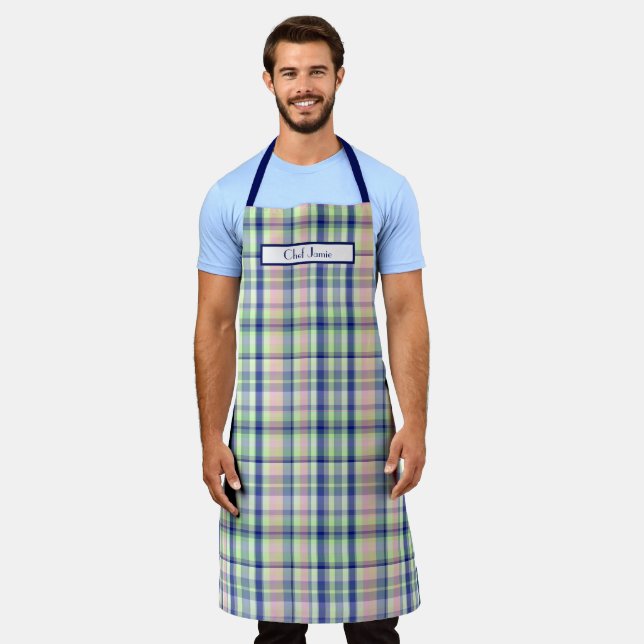 Pink Navy Light Green White Preppy Madras Schürze (Getragen)