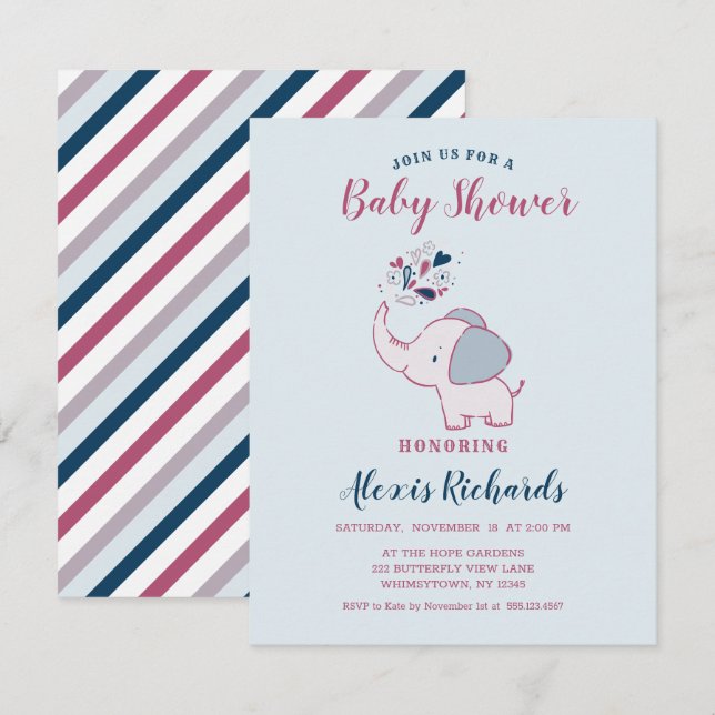 Pink & Navy Niedlich Elephant Themed Baby Dusche Einladung (Vorne/Hinten)