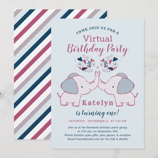Pink & Navy Niedlich Elephant Virtual Birthday Par Einladung (Vorne/Hinten)