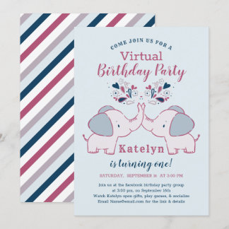 Pink & Navy Niedlich Elephant Virtual Birthday Par Einladung