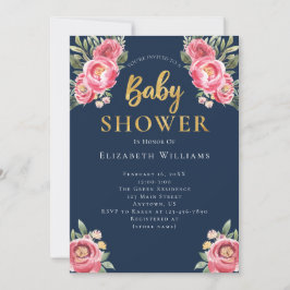 Pink Navy Peonies Watercolor Blume Kinderdusche Einladung