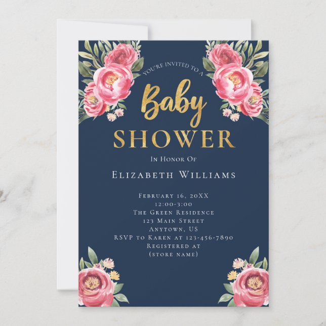 Pink Navy Peonies Watercolor Blume Kinderdusche Einladung (Vorderseite)