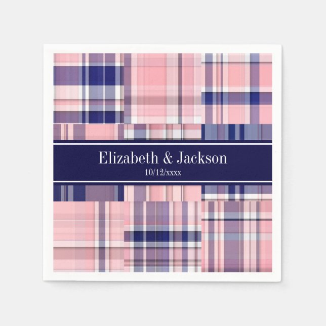 Pink Navy Welpe Patchwork Madras N Monogram Serviette (Vorderseite)