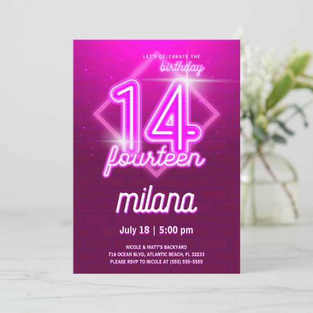 Pink Neon 14th Birthday Party Invitation Card (Debout devant)
