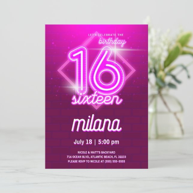 Pink Neon 16e Anniversaire Carte d'invitation (Debout devant)