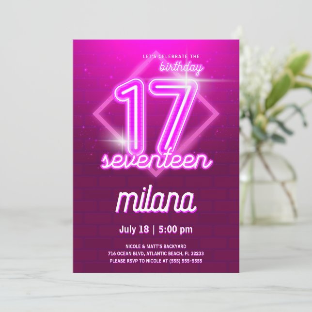 Pink Neon 17th Birthday Party Invitation Card (Debout devant)