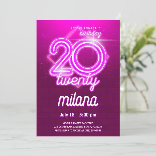 Pink Neon 20e Anniversaire Carte d'invitation (Debout devant)