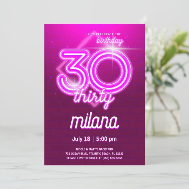Pink Neon 30e Anniversaire Carte d'invitation (Debout devant)