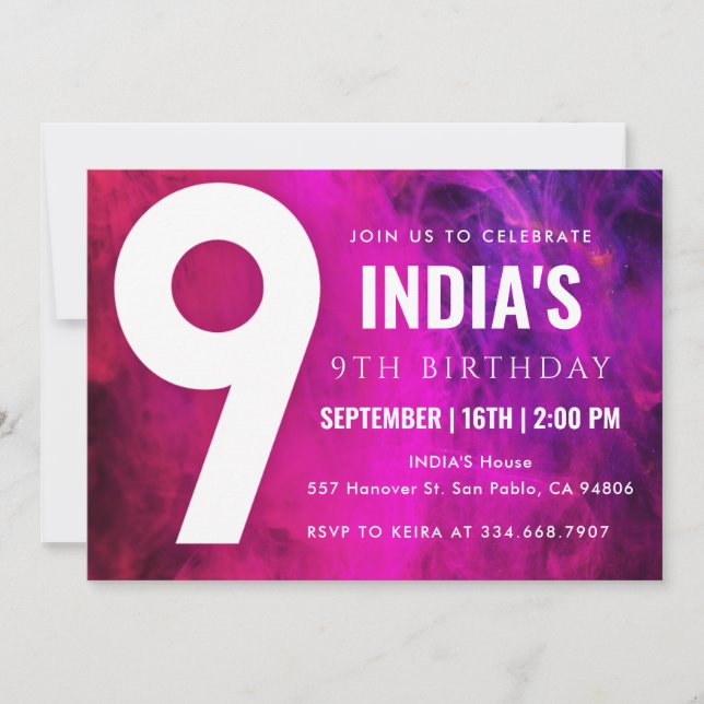 Pink Neon 9. Geburtstagsfeier Einladung (Vorderseite)