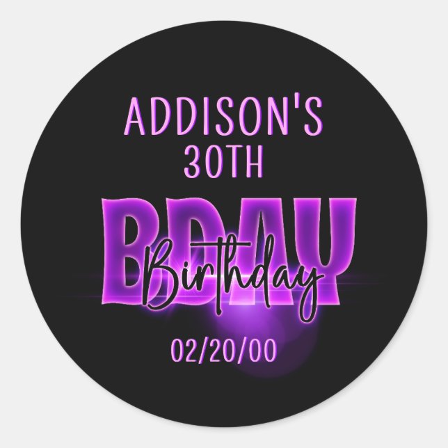 Pink Neon Birthday Runder Aufkleber (Vorderseite)