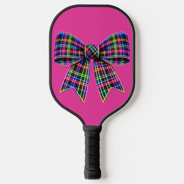 Pink Neon Bow Tartan Ribbon Scottish Cute Pickleball Schläger (Vorderseite)