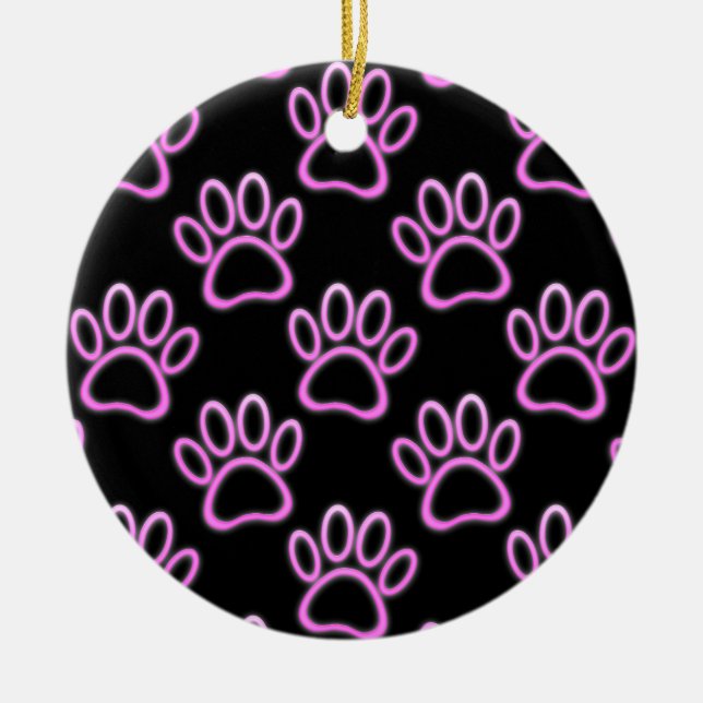 Pink Neon Dog Paw Print Keramikornament (Vorne)