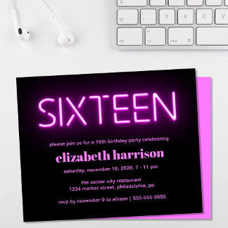 Pink Neon Lights 16. Geburtstagsparty Einladung