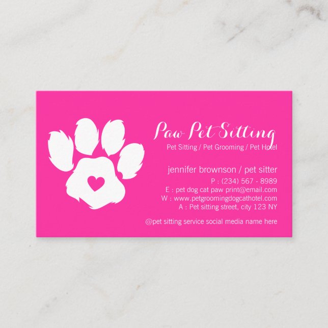 Pink Neon Pet Sitter Social Media Dog Paw Visitenkarte (Vorderseite)