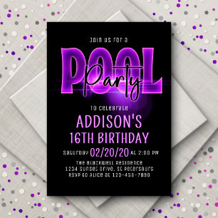 Pink Neon Pool Party Anniversaire Invitation