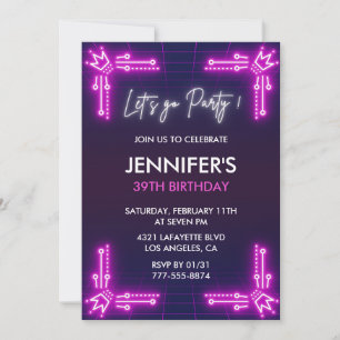 Pink Neon Simple invitations de 39e anniversaire G