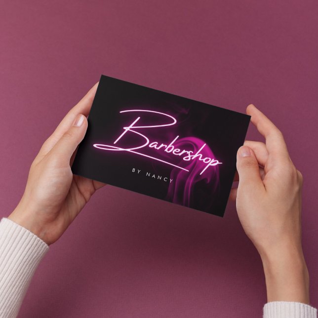 Pink Neon Smoke Barbershop Handgeschriebenes Skrip Visitenkarte (Von Creator hochgeladen)