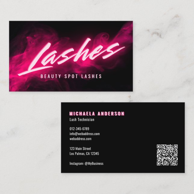 Pink Neon & Smoke Lash Tech QR Code & Socials Visitenkarte (Vorne/Hinten)