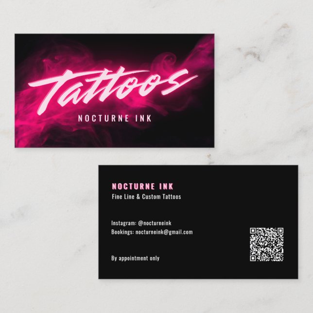 Pink Neon & Smoke Tattoo Artist QR Code Visitenkarte (Vorne/Hinten)
