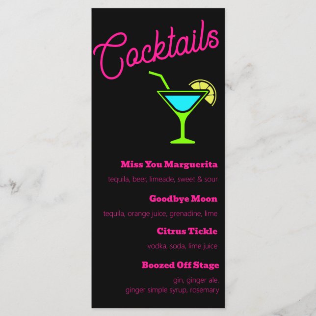 Pink Neon Untere Cocktails Menükarte (Vorderseite)