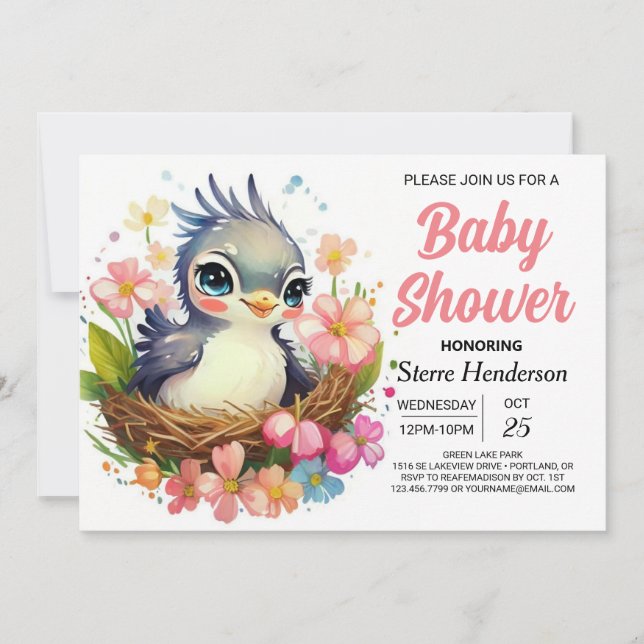 Pink Nest Elegant Bird Baby Dusche Einladung (Vorderseite)