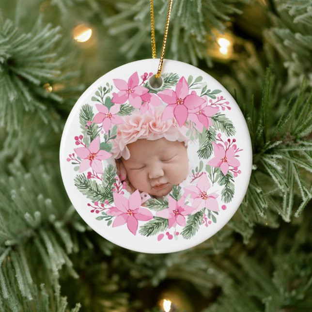 Pink New Baby Foto Christmas Girl Poinsettia Keramik Ornament (Baum)